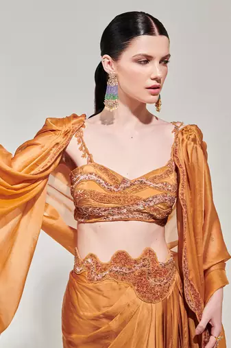Honey mustard cowl cape set with asymmetricdrape skirt