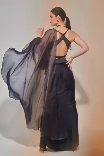Charcoal drape saree set with detachable palla