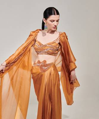 Honey mustard cowl cape set with asymmetricdrape skirt 5