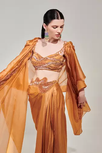 Honey mustard cowl cape set with asymmetricdrape skirt