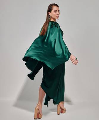 Emerald green hand embroidered cape set with cutwork blouse and drape skirt 5