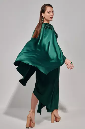 Emerald green hand embroidered cape set with cutwork blouse and drape skirt