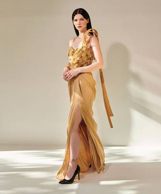 Golden hand embroidered drape gown with 3d hand embellished trail 4