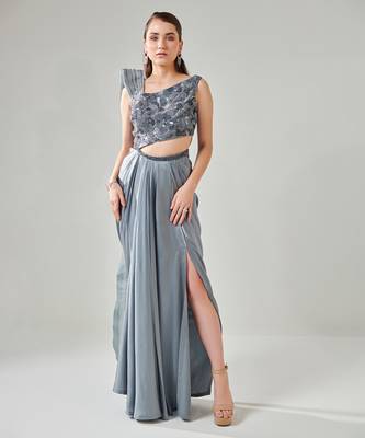 Ash grey drape saree gown with embellished 3d palla 1