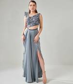 Ash grey drape saree gown with embellished 3d palla