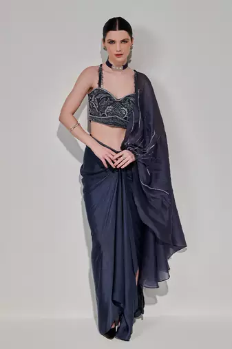 Charcoal drape saree set with detachable palla