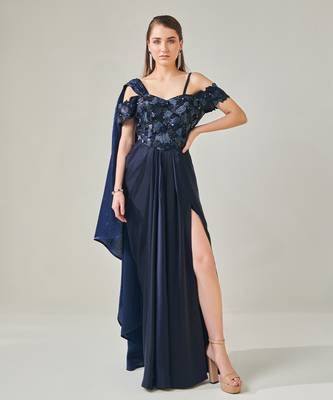 Midnight blue off shoulder drape gown with detachable palla 1