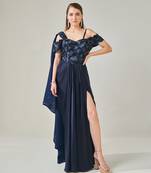Midnight blue off shoulder drape gown with detachable palla