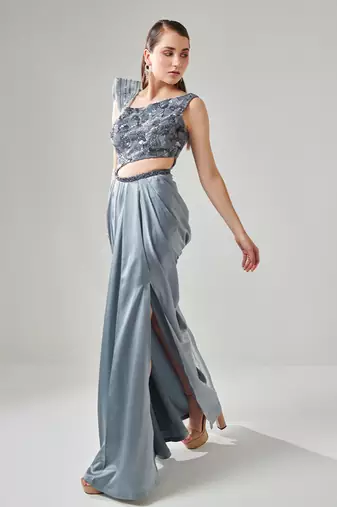Ash grey drape saree gown with embellished 3d palla