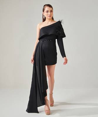 Black one shoulder power drape dress with side train and detachable belt 1
