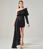 Black one shoulder power drape dress with side train and detachable belt