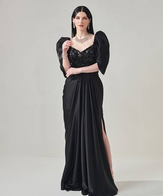 Black draped gown with voluminous sleeves 1
