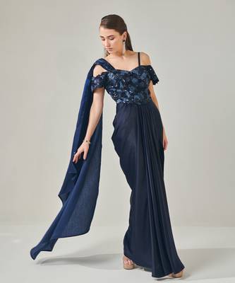 Midnight blue off shoulder drape gown with detachable palla 2