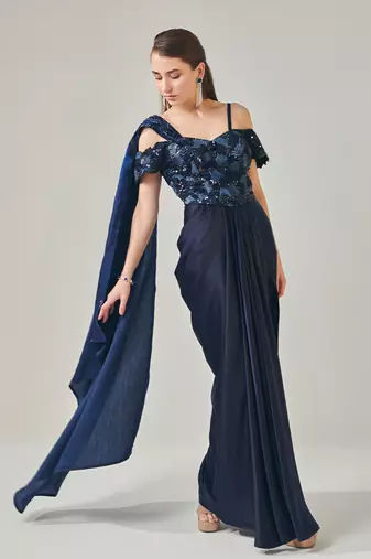 Midnight blue off shoulder drape gown with detachable palla