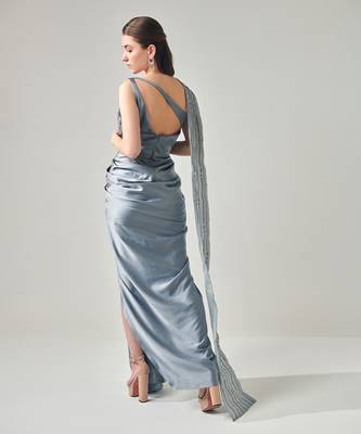 Ash grey drape saree gown with embellished 3d palla 3