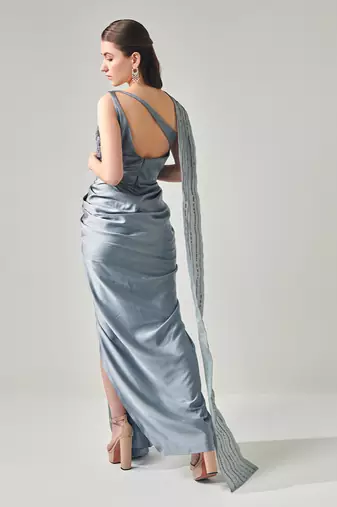 Ash grey drape saree gown with embellished 3d palla