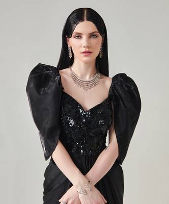 Black draped gown with voluminous sleeves 2