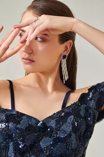 Midnight blue off shoulder drape gown with detachable palla