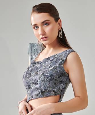 Ash grey drape saree gown with embellished 3d palla 4