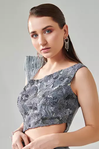 Ash grey drape saree gown with embellished 3d palla