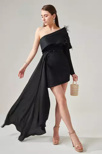 Black one shoulder power drape dress with side train and detachable belt