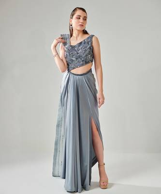 Ash grey drape saree gown with embellished 3d palla 5