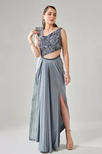 Ash grey drape saree gown with embellished 3d palla