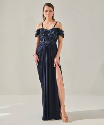 Midnight blue off shoulder drape gown with detachable palla 4