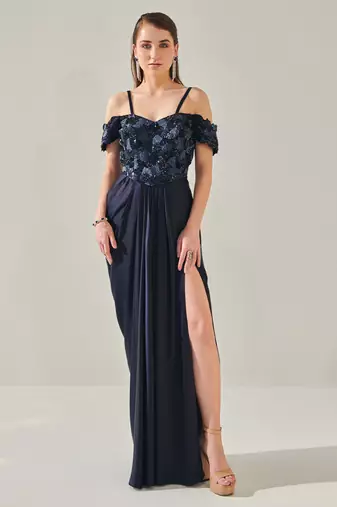 Midnight blue off shoulder drape gown with detachable palla