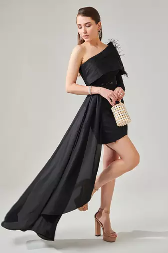 Black one shoulder power drape dress with side train and detachable belt