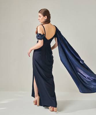 Midnight blue off shoulder drape gown with detachable palla 5