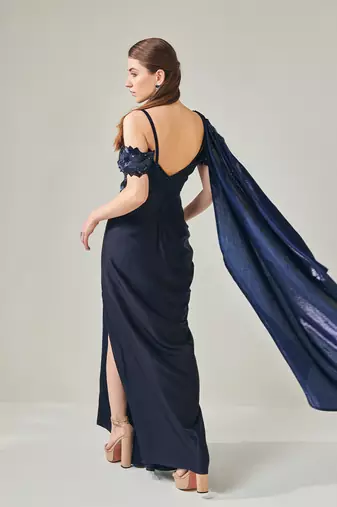 Midnight blue off shoulder drape gown with detachable palla