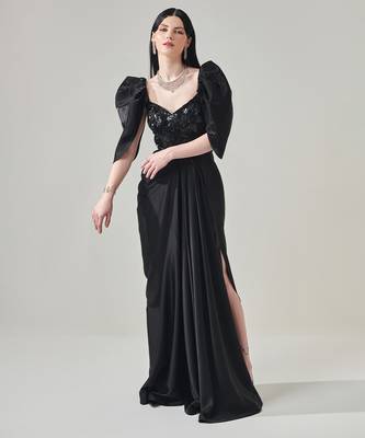 Black draped gown with voluminous sleeves 4