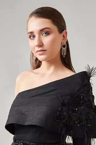 Black one shoulder power drape dress with side train and detachable belt