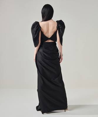 Black draped gown with voluminous sleeves 5