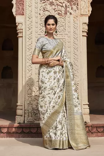 White  silk blend saree with unstitched blouse piece
