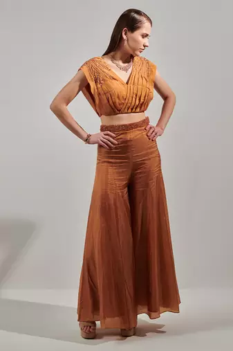Honey mustard pleated top and sharara set