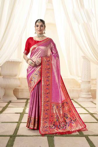Pink tissue silk blend saree with unstitched tissue blouse piece