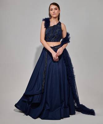 Midnight Blue Multi Layered Kali Lehenga With One Shoulder Blouse And Attached Ruffle Dupatta 1