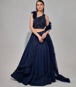Midnight Blue Multi Layered Kali Lehenga With One Shoulder Blouse And Attached Ruffle Dupatta