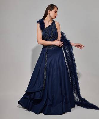 Midnight Blue Multi Layered Kali Lehenga With One Shoulder Blouse And Attached Ruffle Dupatta 2