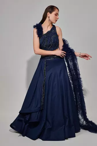 Midnight Blue Multi Layered Kali Lehenga With One Shoulder Blouse And Attached Ruffle Dupatta