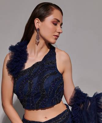 Midnight Blue Multi Layered Kali Lehenga With One Shoulder Blouse And Attached Ruffle Dupatta 3