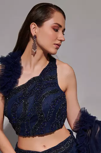 Midnight Blue Multi Layered Kali Lehenga With One Shoulder Blouse And Attached Ruffle Dupatta
