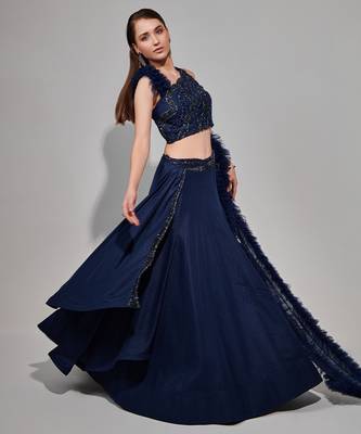 Midnight Blue Multi Layered Kali Lehenga With One Shoulder Blouse And Attached Ruffle Dupatta 4