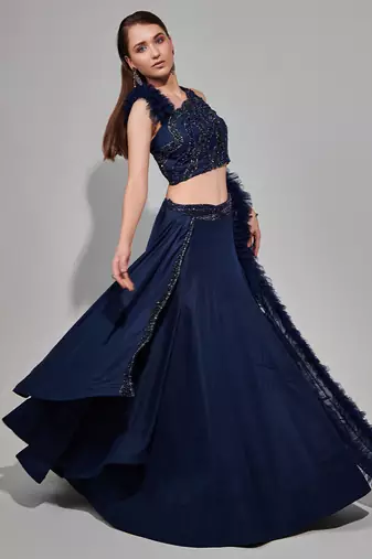 Midnight Blue Multi Layered Kali Lehenga With One Shoulder Blouse And Attached Ruffle Dupatta