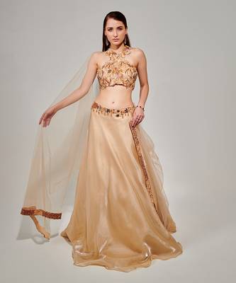 Ivory Cut Work Halter Neck Blouse And Lehenga Set 1