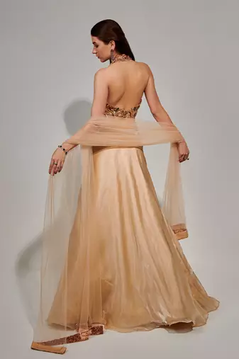 Ivory Cut Work Halter Neck Blouse And Lehenga Set