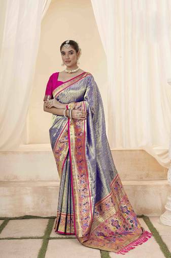Lavender tissue silk blend saree with unstitched tissue blouse piece