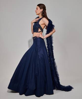 Midnight Blue Multi Layered Kali Lehenga With One Shoulder Blouse And Attached Ruffle Dupatta 5